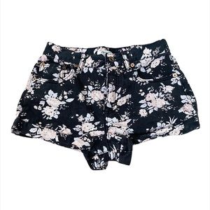 Black and Pink Floral Denim Shorts